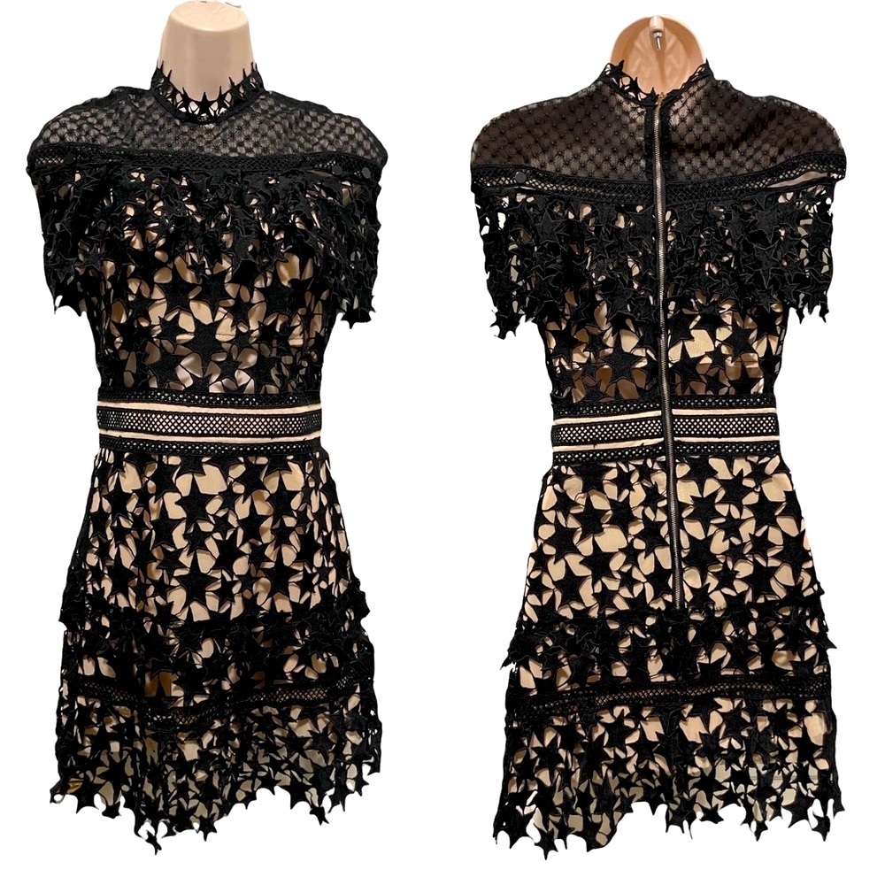 Black Lace Star Cutout Dress Nude Lining XS Cocktail Party